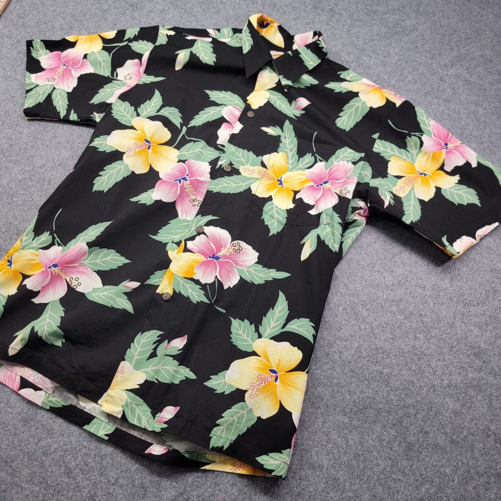 Vintage Hawaiian Shirt Pineapple Juice Button Up Shirt M Black Floral Made USA